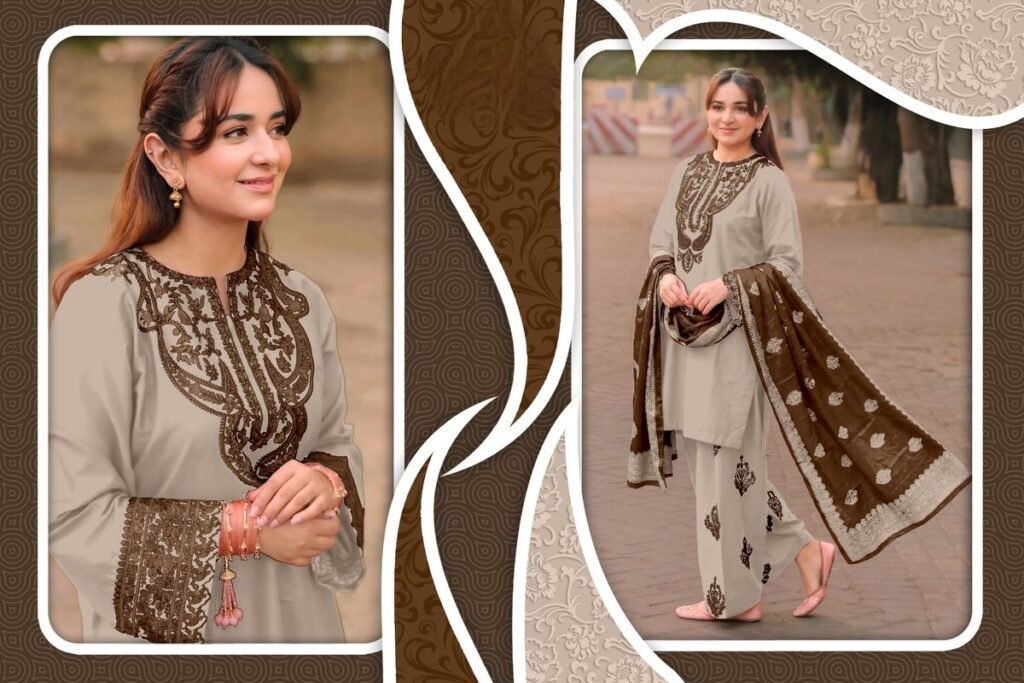 Banarasi Dupatta Readymade Suit – Sand Beige