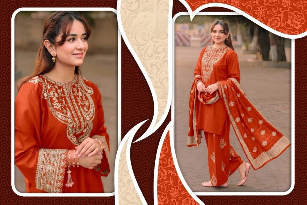 Banarasi Dupatta Readymade Suit – Rust Orange