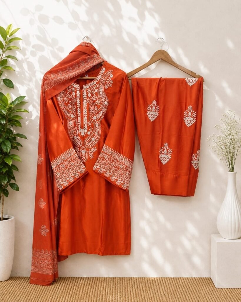 Banarasi Dupatta Readymade Suit – Rust Orange