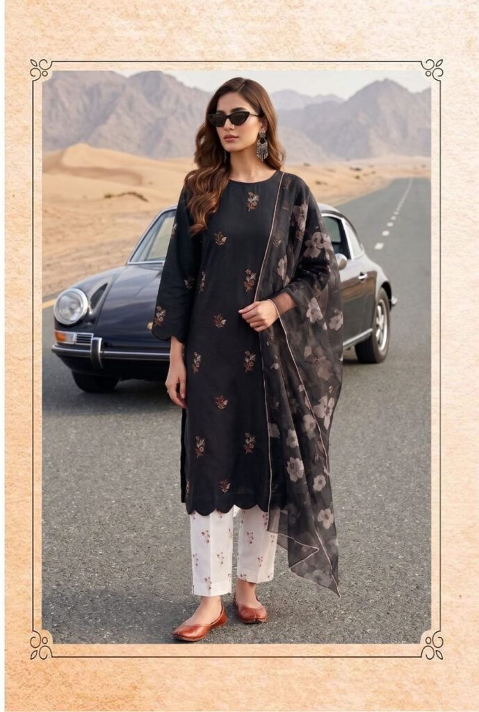 Chiffon Dupatta Pakistani Suit – Onyx Black