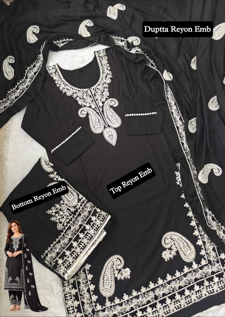 Premium Rayon 3Pc Set D.No-023 – Black Paisley