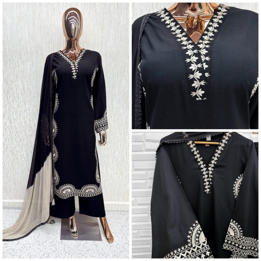 Scalloped Border Straight Suit – Midnight Black