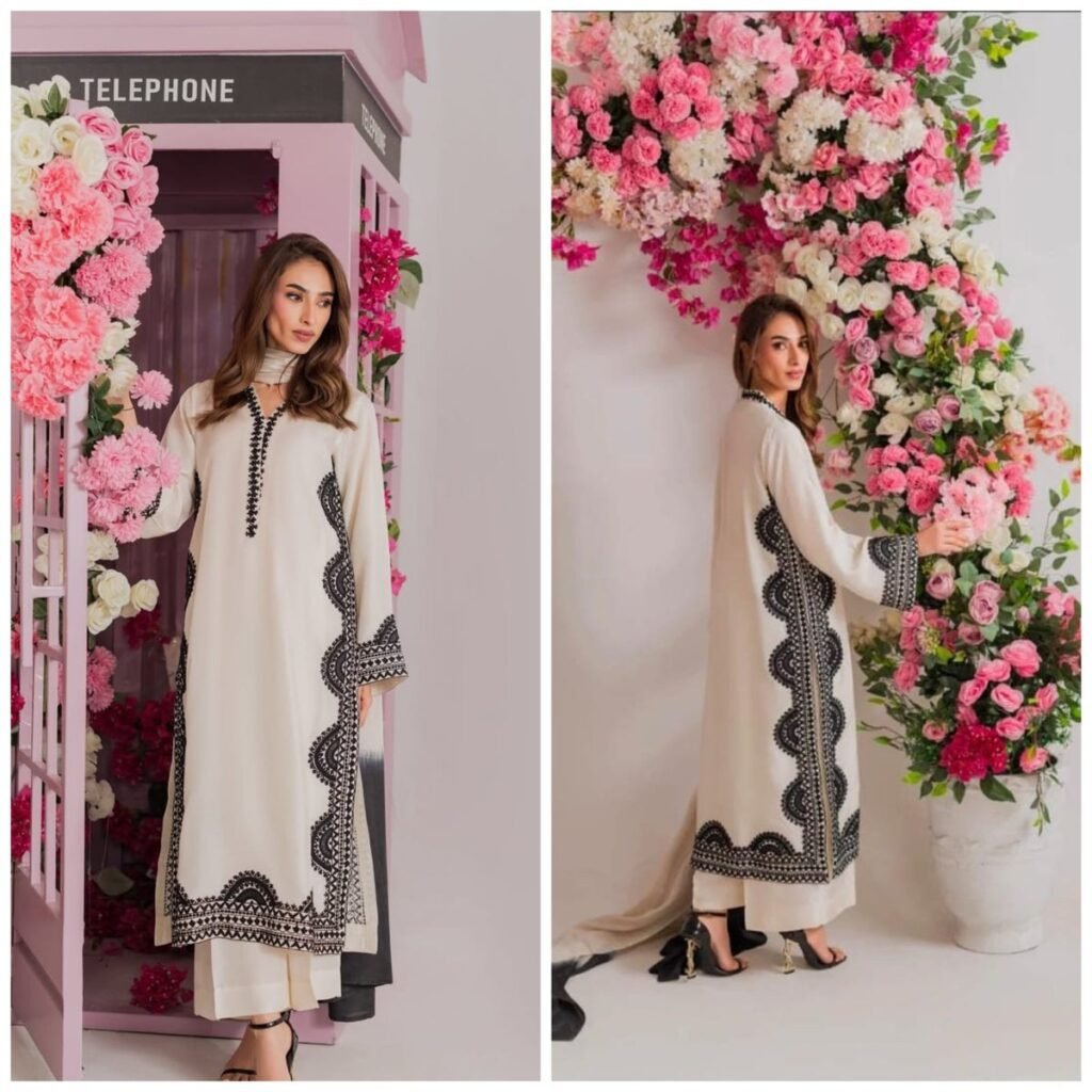 Scalloped Border Straight Suit – Ivory Cream